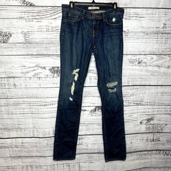 J. Brand Dark Wash Distressed Slim Straight Leg Jeans Mid Rise 28 - Picture 1 of 3